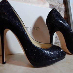 Jimmy Choo Quiet Black Glitter peep toe pump heels pumps 247 907FC 8.5 US / 39.5